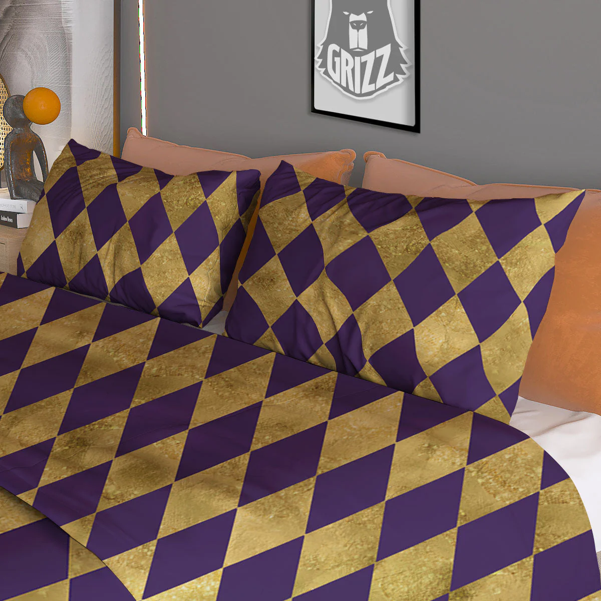 Harlequin Gold And Purple Print Pattern Duvet Cover Bedding Set - Image 3