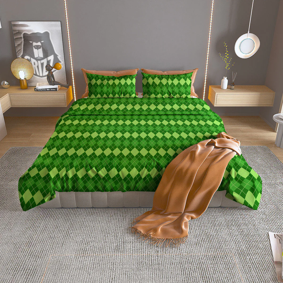 Harlequin Green Print Pattern Duvet Cover Bedding Set