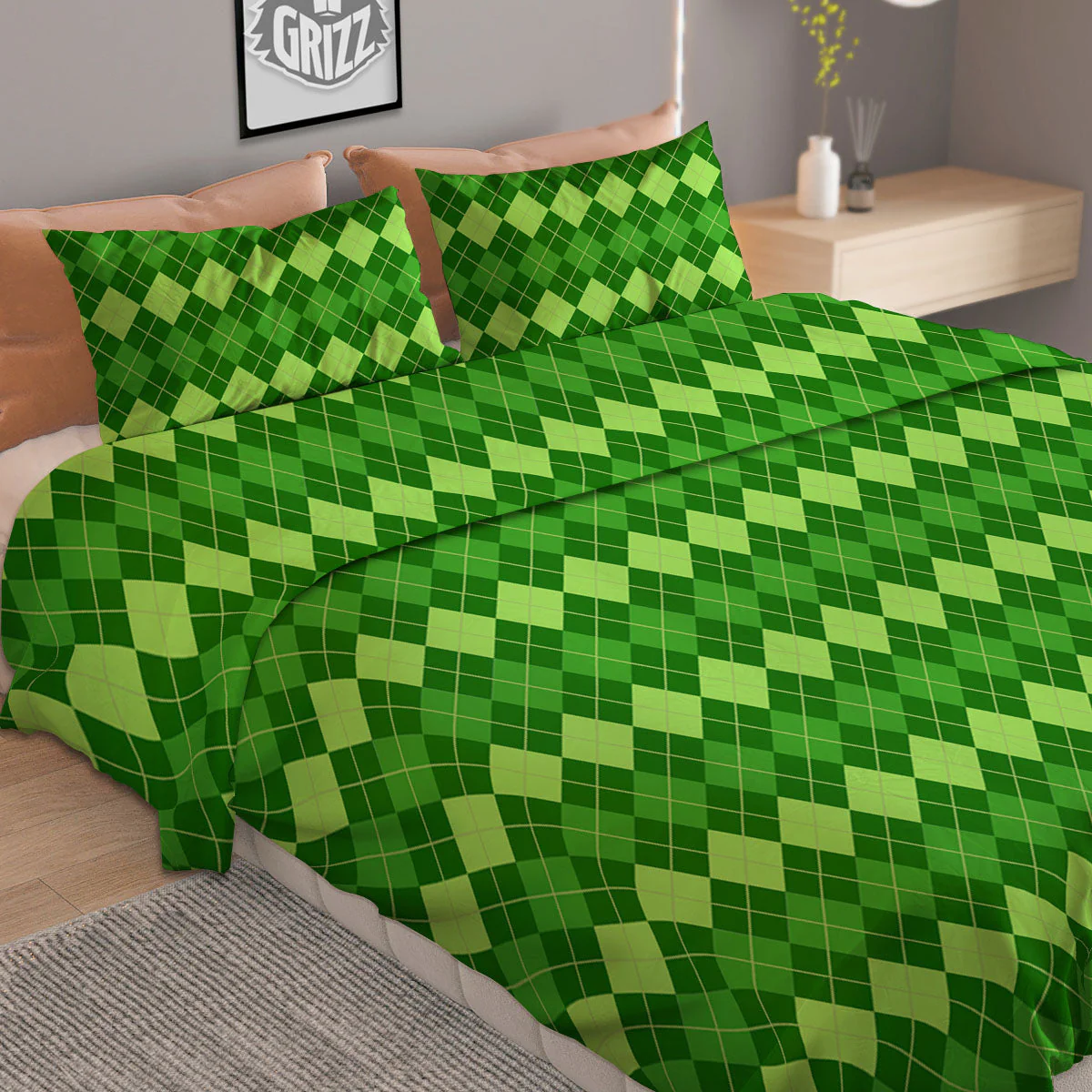 Harlequin Green Print Pattern Duvet Cover Bedding Set - Image 2