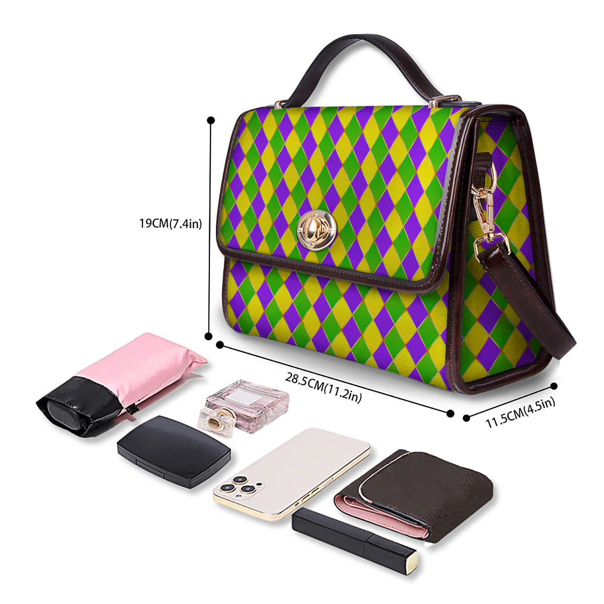 Harlequin Mardi Gras Print Pattern Women's Satchel Bag - Image 4