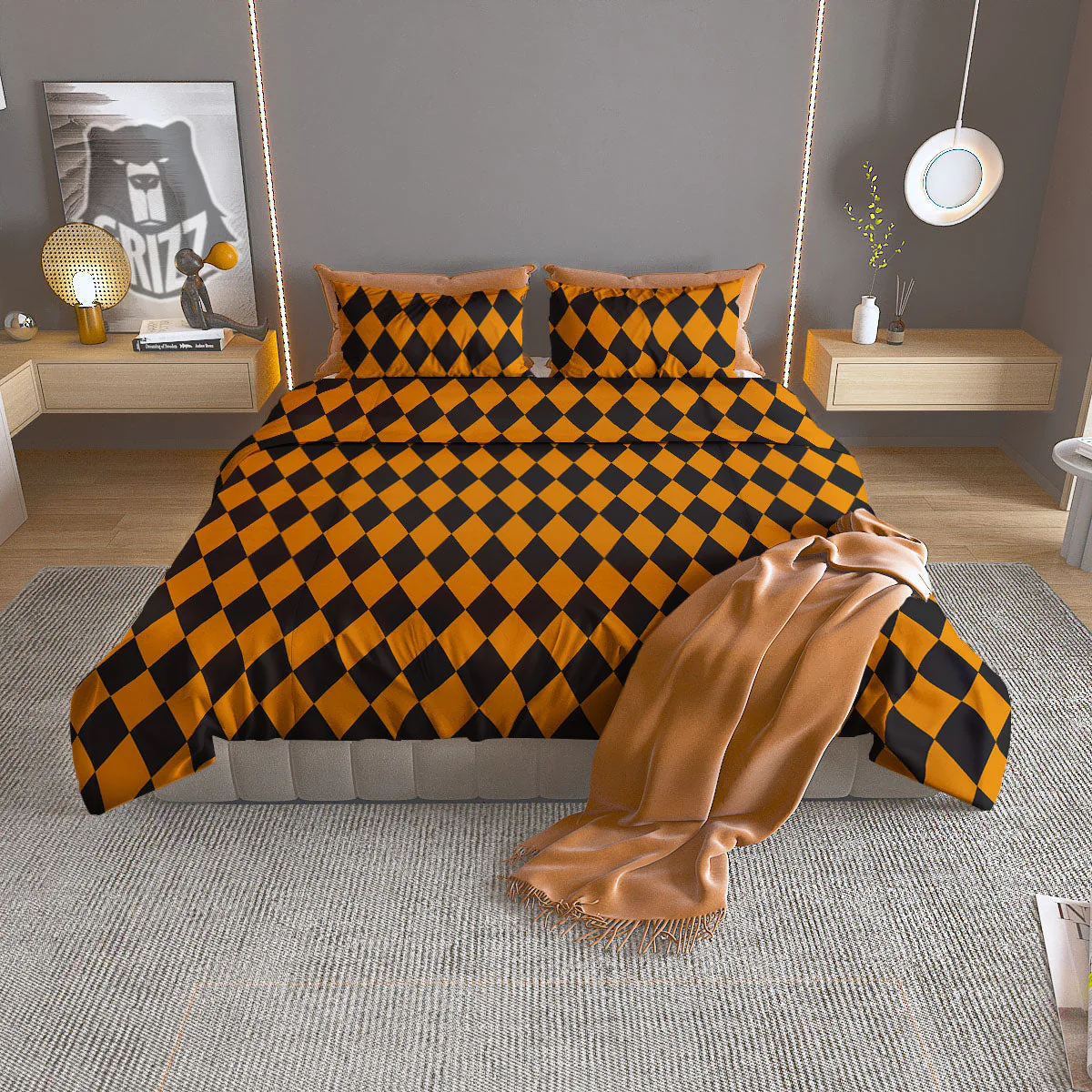Harlequin Orange And Black Print Duvet Cover Bedding Set