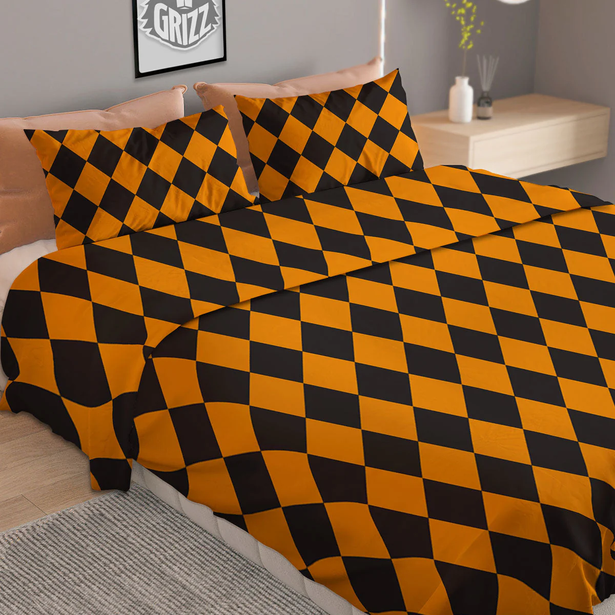 Harlequin Orange And Black Print Duvet Cover Bedding Set - Image 2