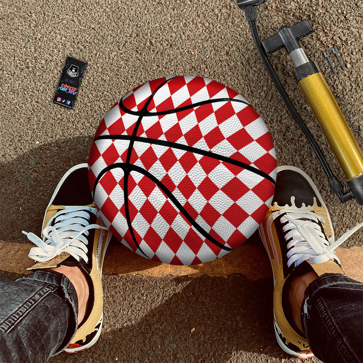 Harlequin White And Red Print Pattern Basketball - Image 2