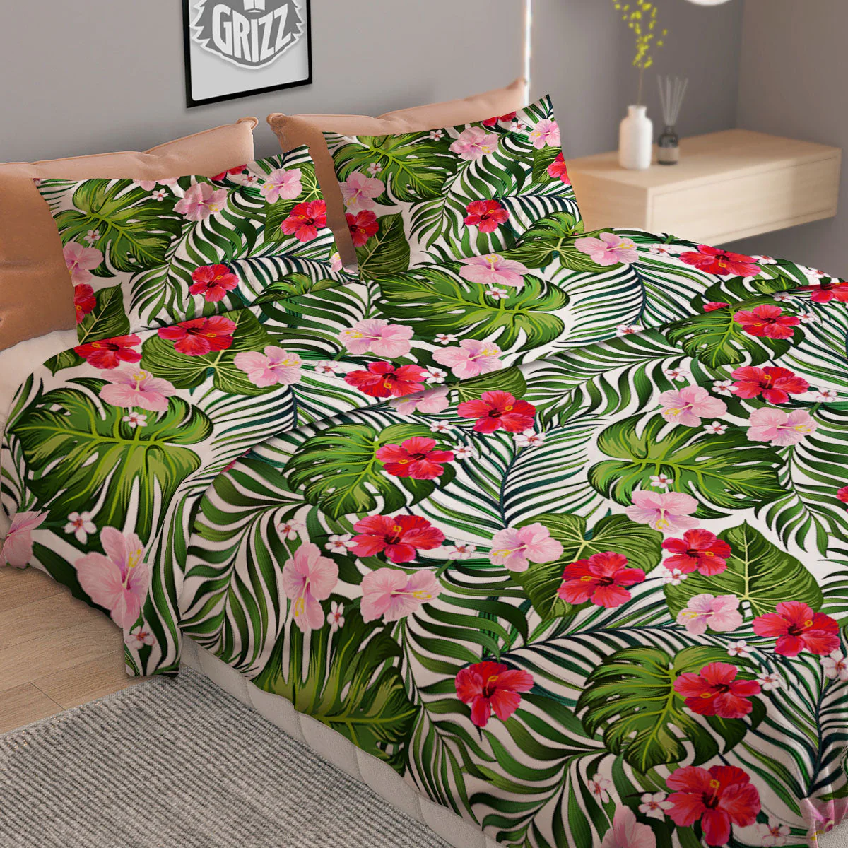 Hawaii Hibiscus Monstera Print Pattern Duvet Cover Bedding Set - Image 2