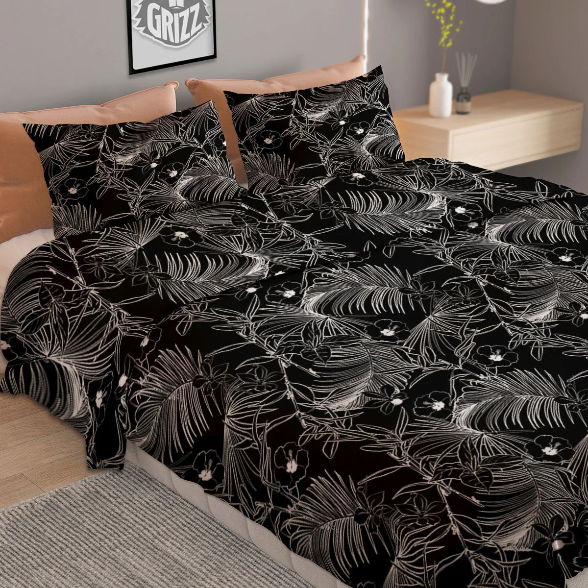 Hawaiian Black Tropical Print Pattern Duvet Cover Bedding Set - Image 2