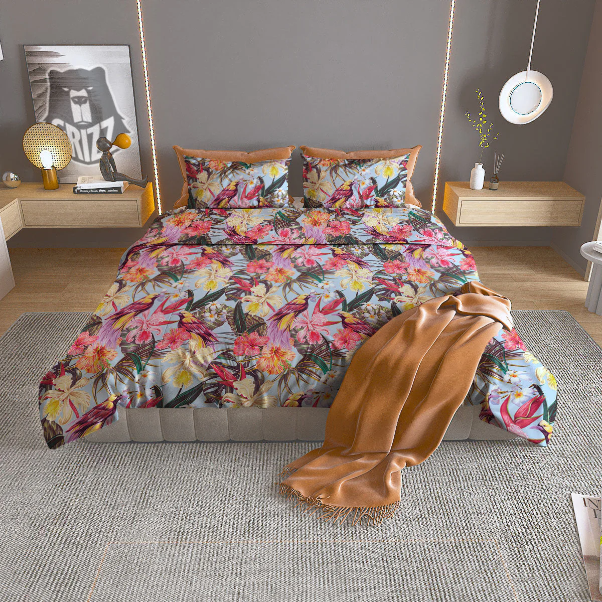 Hawaiian Pink Hibiscus Print Pattern Duvet Cover Bedding Set