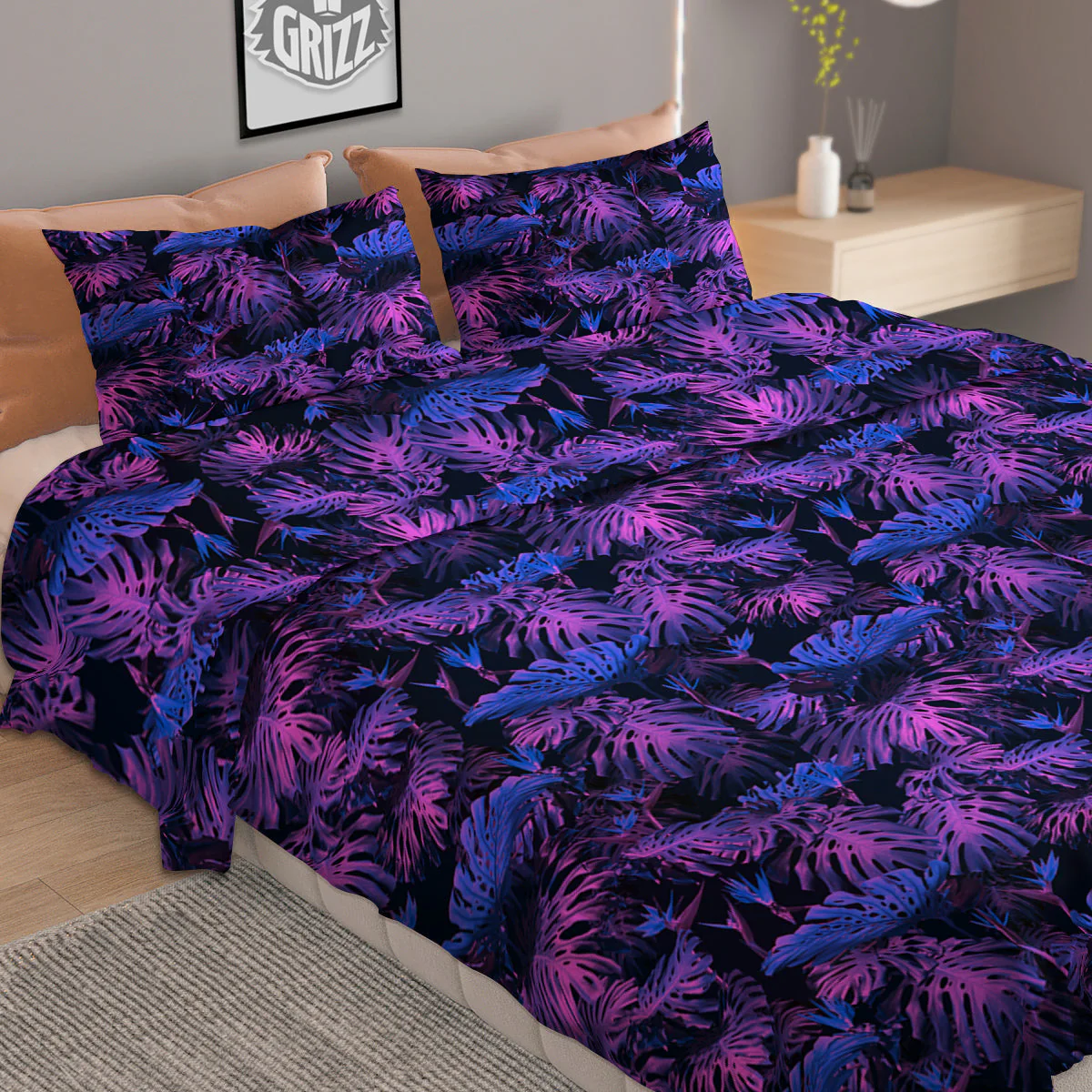 Hawaiian Tropical Dark Purple Print Pattern Duvet Cover Bedding Set - Image 2