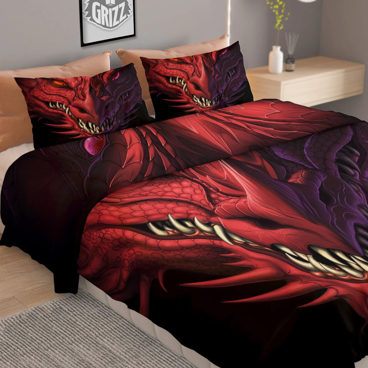 Head Red Dragon Print Duvet Cover Bedding Set - Image 2