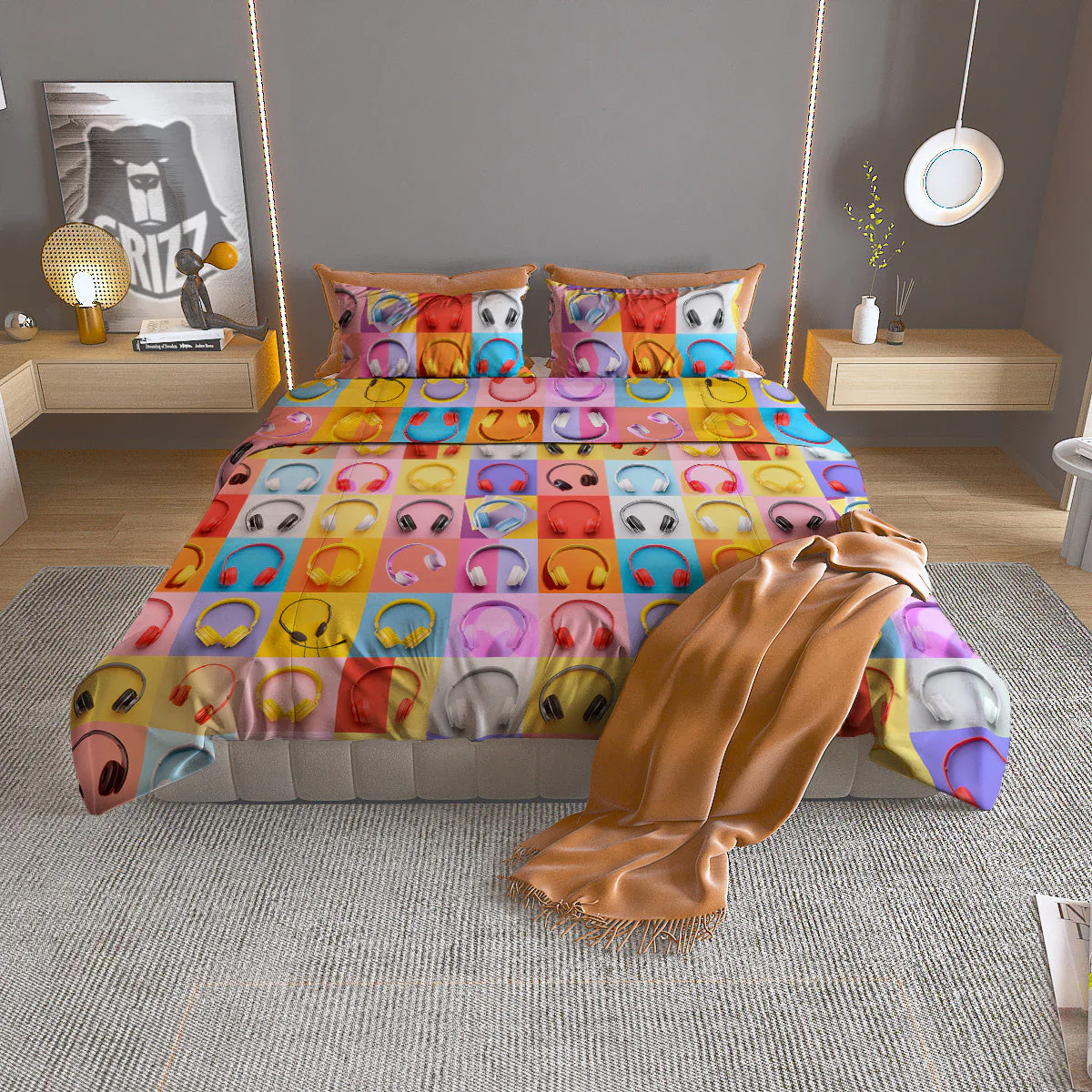 Headphones Pastel Print Pattern Duvet Cover Bedding Set