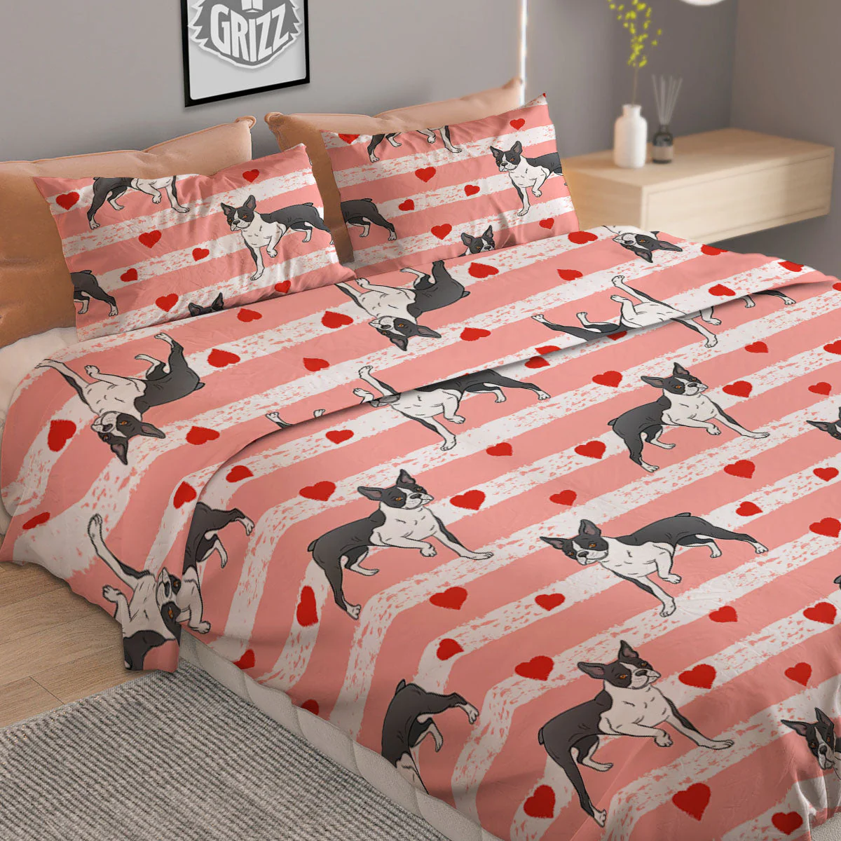 Heart And Boston Terrier Print Pattern Duvet Cover Bedding Set - Image 2