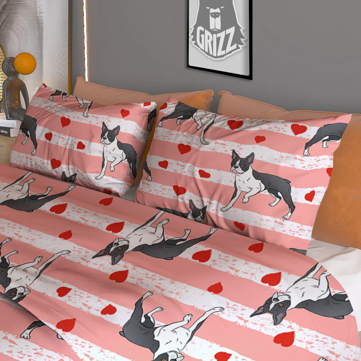 Heart And Boston Terrier Print Pattern Duvet Cover Bedding Set - Image 3