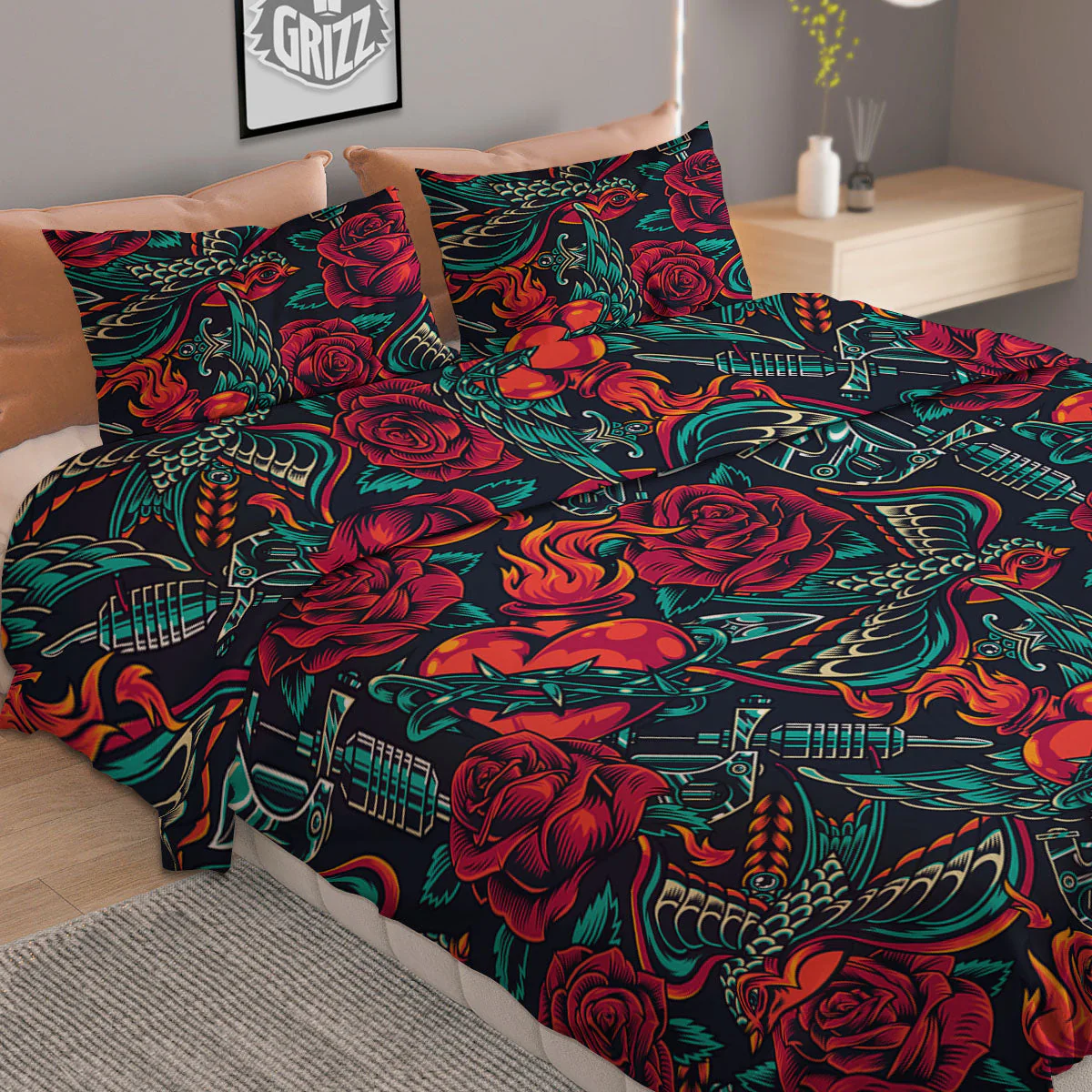 Heart And Rose Print Pattern Duvet Cover Bedding Set - Image 2