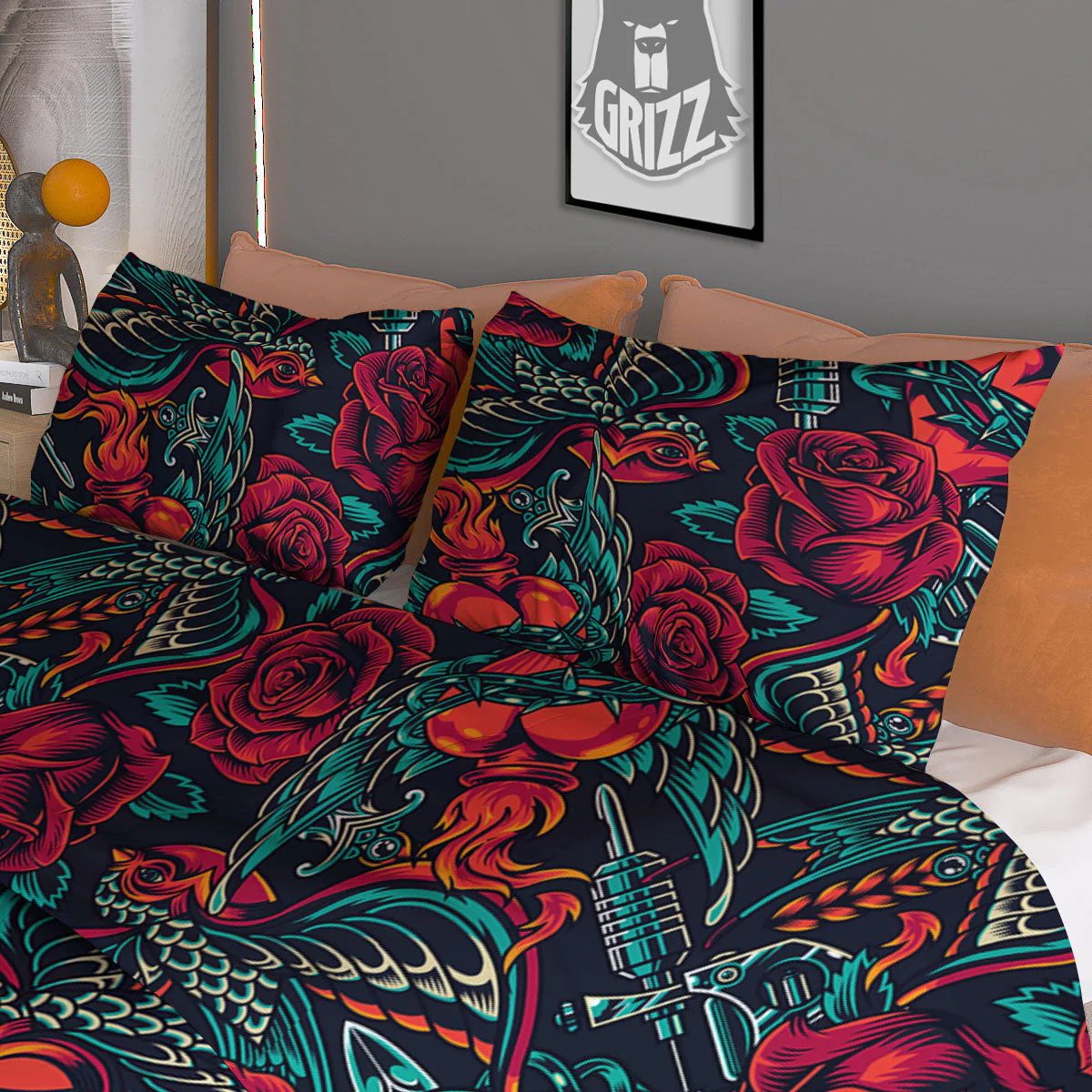 Heart And Rose Print Pattern Duvet Cover Bedding Set - Image 3