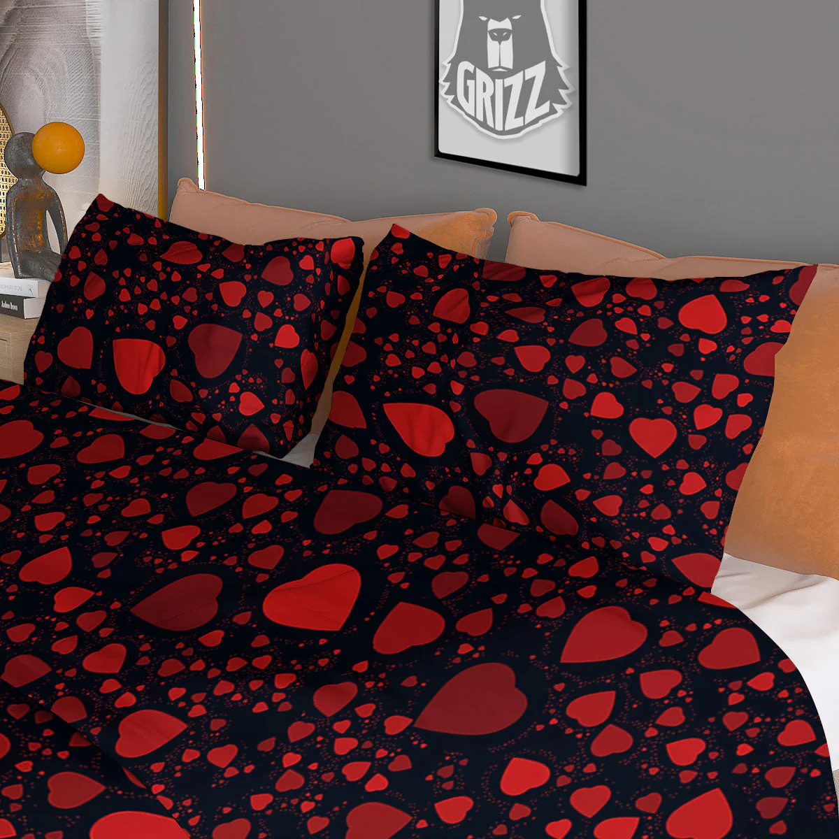 Heart Black And Red Print Pattern Duvet Cover Bedding Set - Image 3