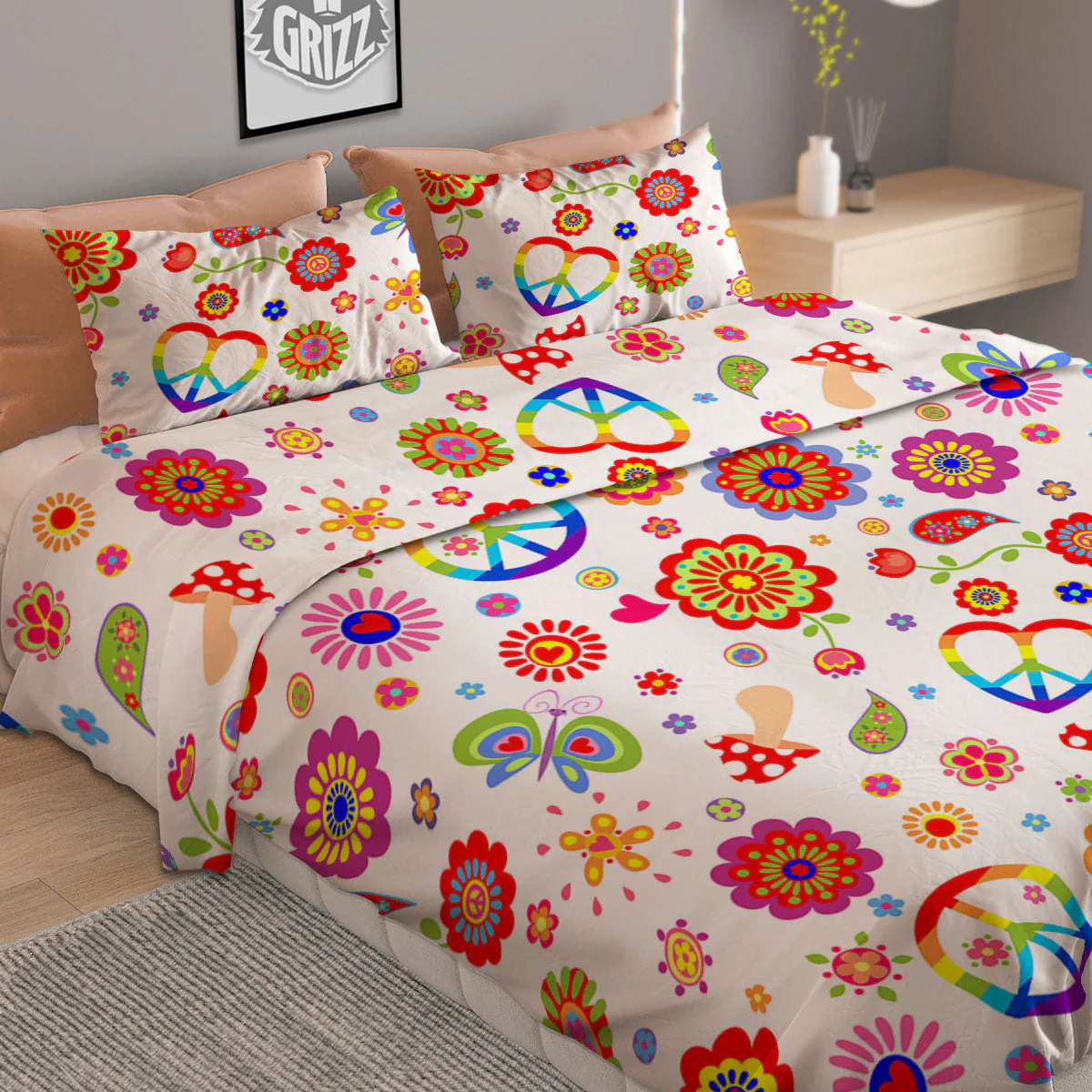 Heart Psychedelic Peace Sign Print Pattern Duvet Cover Bedding Set - Image 2