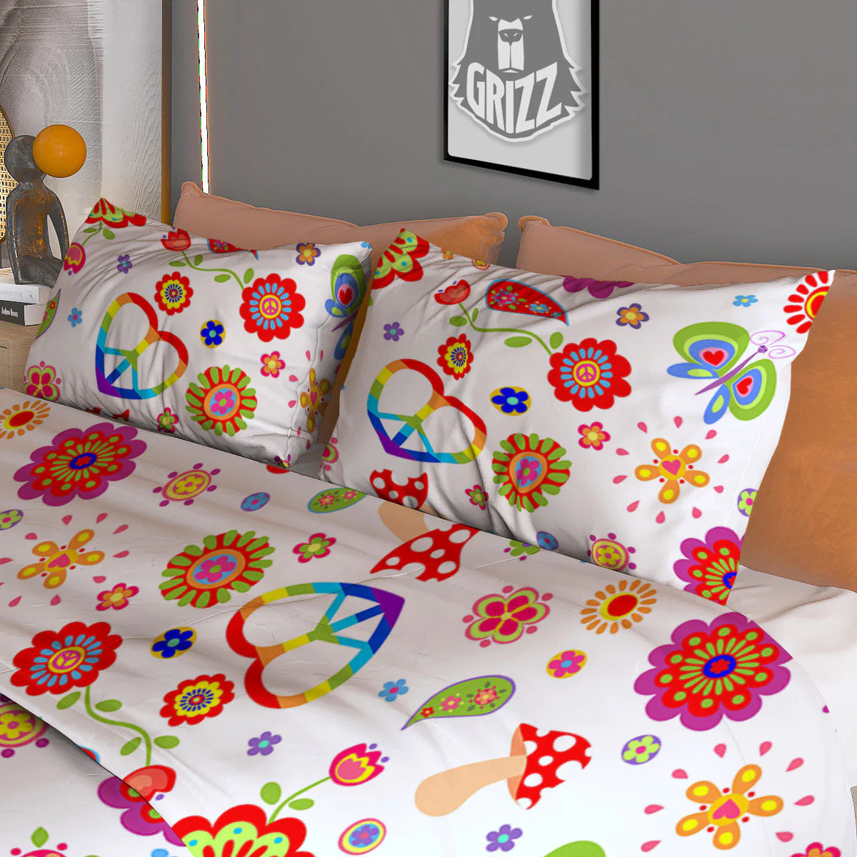 Heart Psychedelic Peace Sign Print Pattern Duvet Cover Bedding Set - Image 3