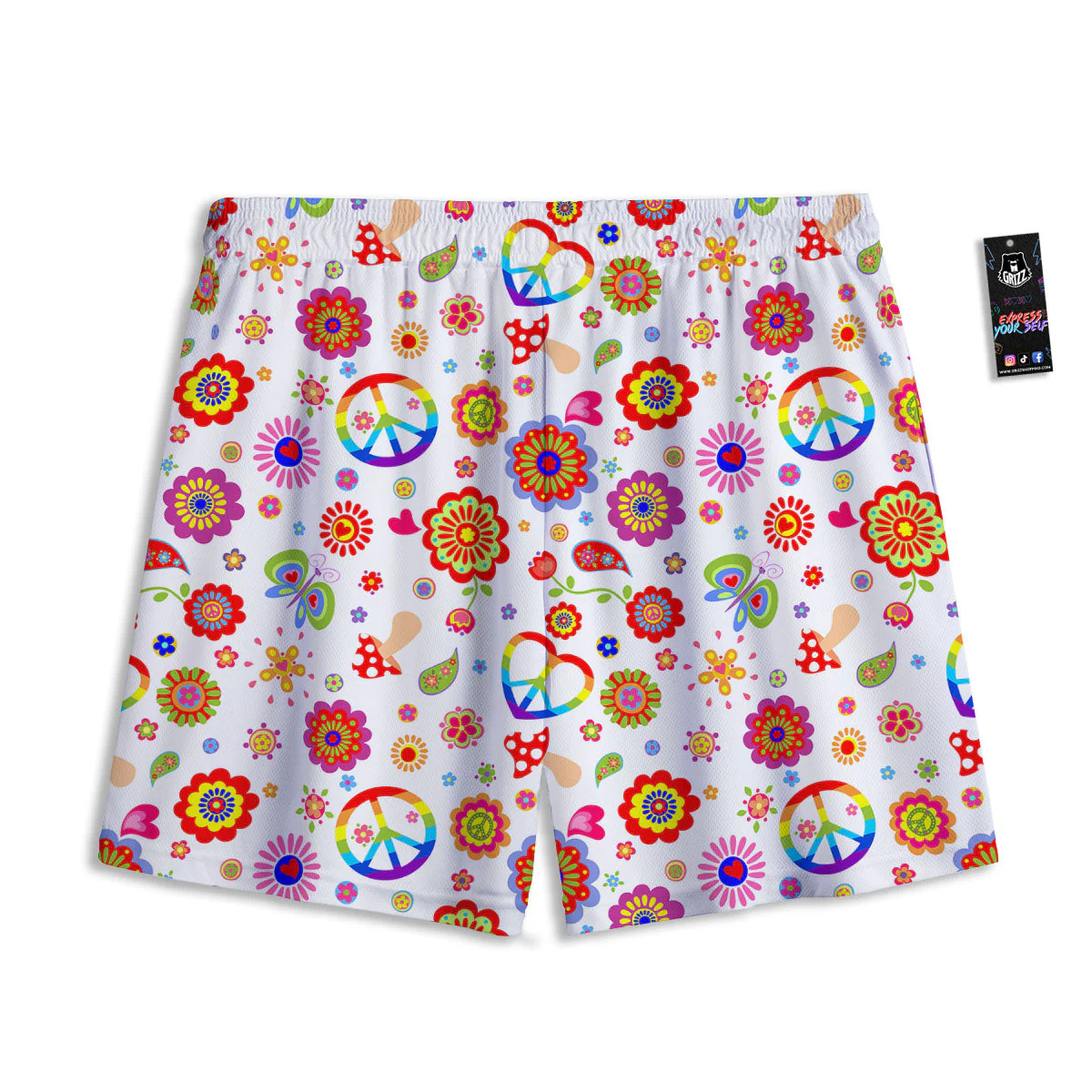 Heart Psychedelic Peace Sign Print Pattern Mesh Shorts - Image 2