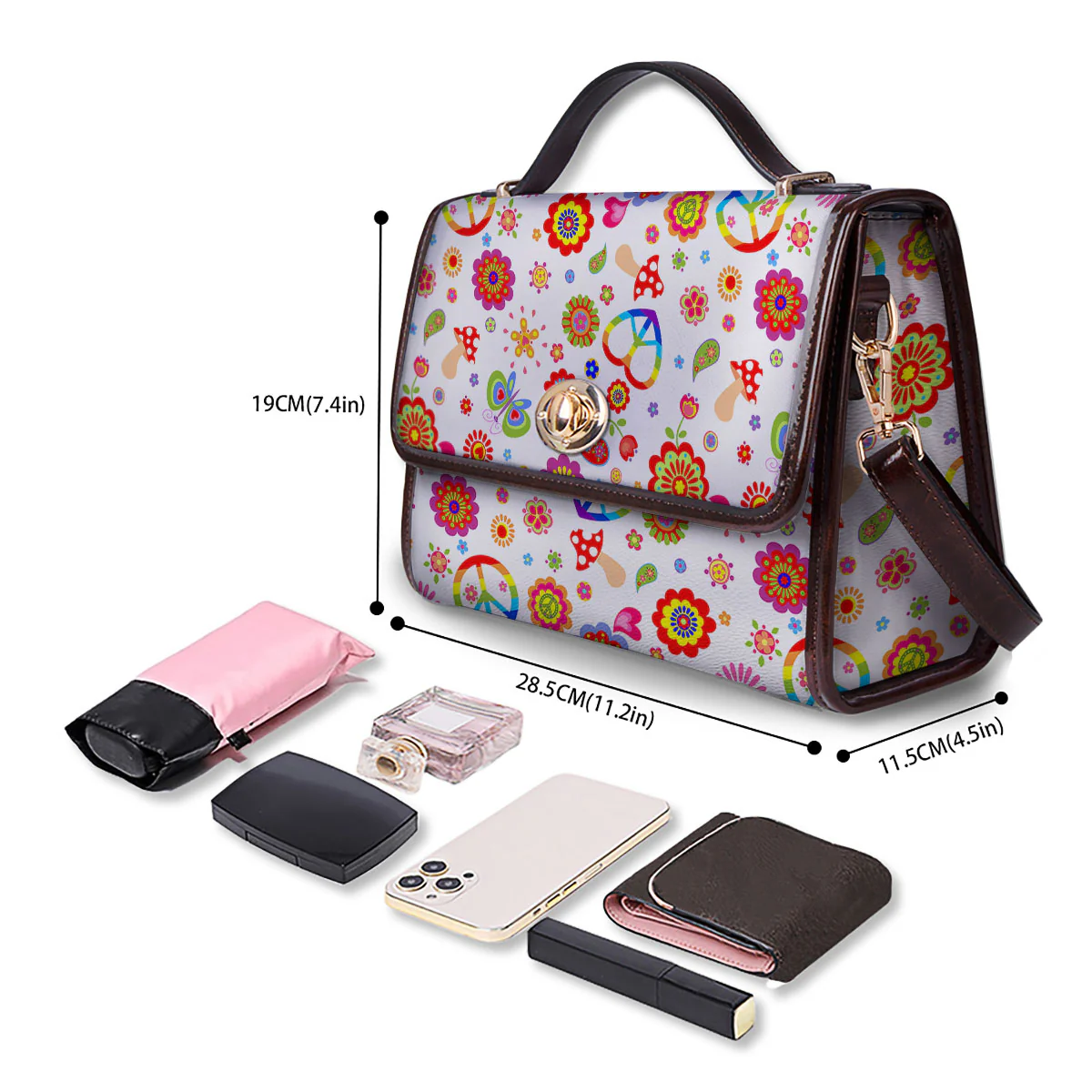 Heart Psychedelic Peace Sign Print Pattern Women's Satchel Bag - Image 4