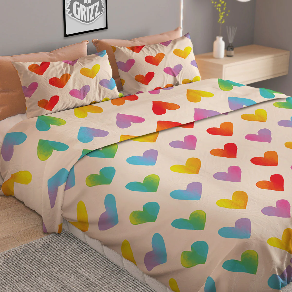 Heart Rainbow Print Pattern Duvet Cover Bedding Set - Image 2