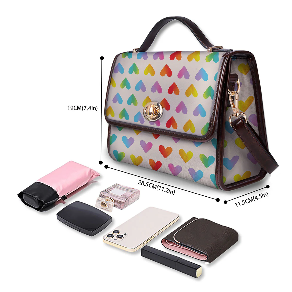 Heart Rainbow Print Pattern Women's Satchel Bag - Image 4
