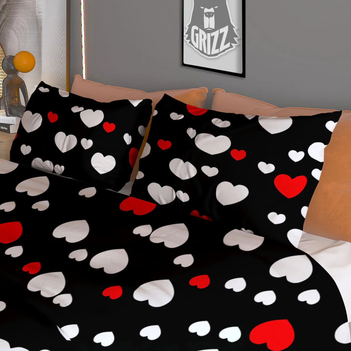Heart White And Red Print Pattern Duvet Cover Bedding Set - Image 3