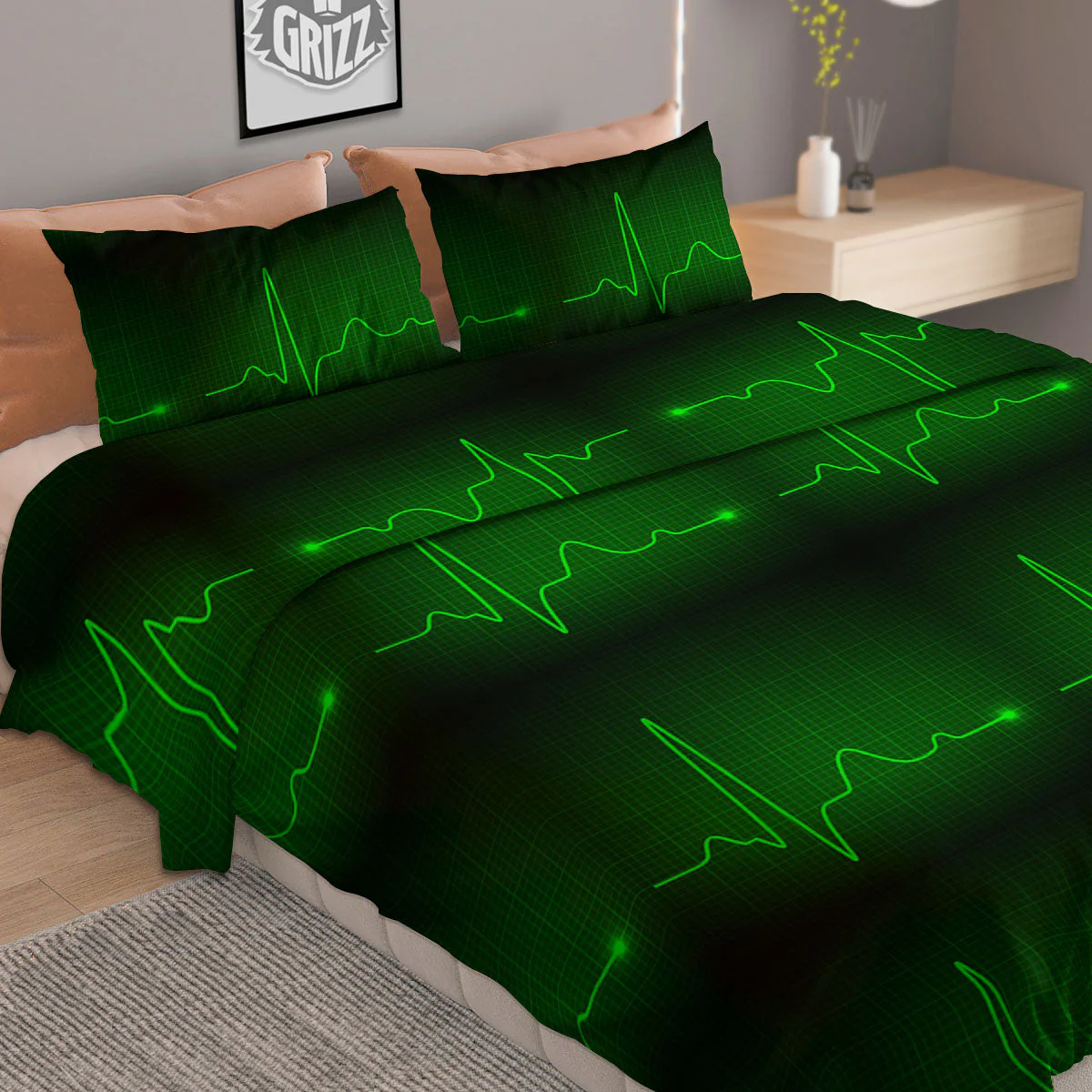 Heartbeat Green Print Pattern Duvet Cover Bedding Set - Image 2