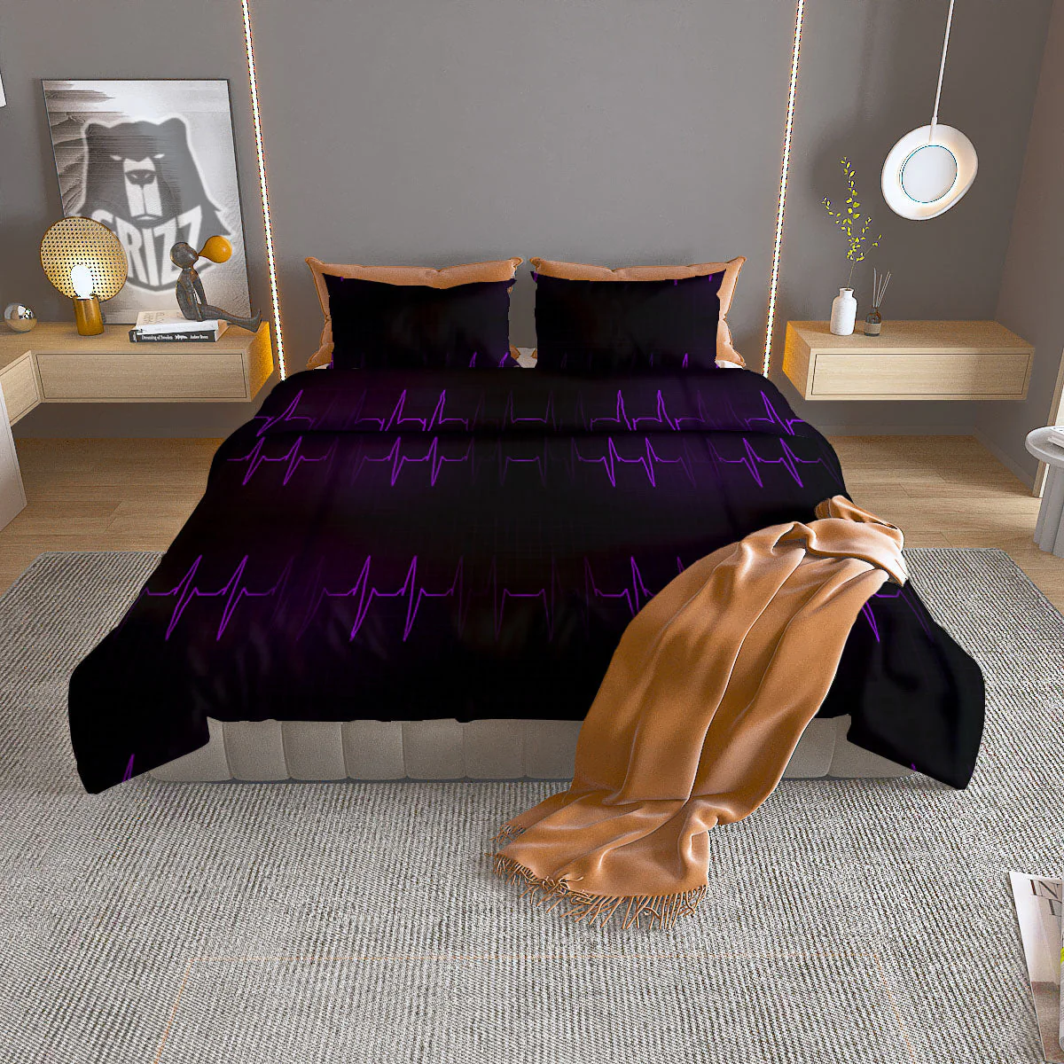 Heartbeat Purple Print Pattern Duvet Cover Bedding Set