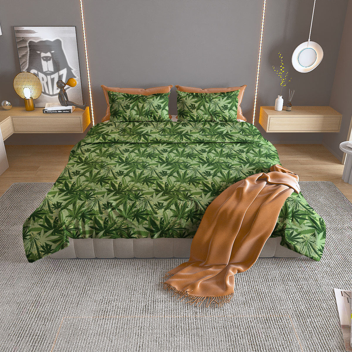 Hemp Leaf Print Pattern Duvet Cover Bedding Set