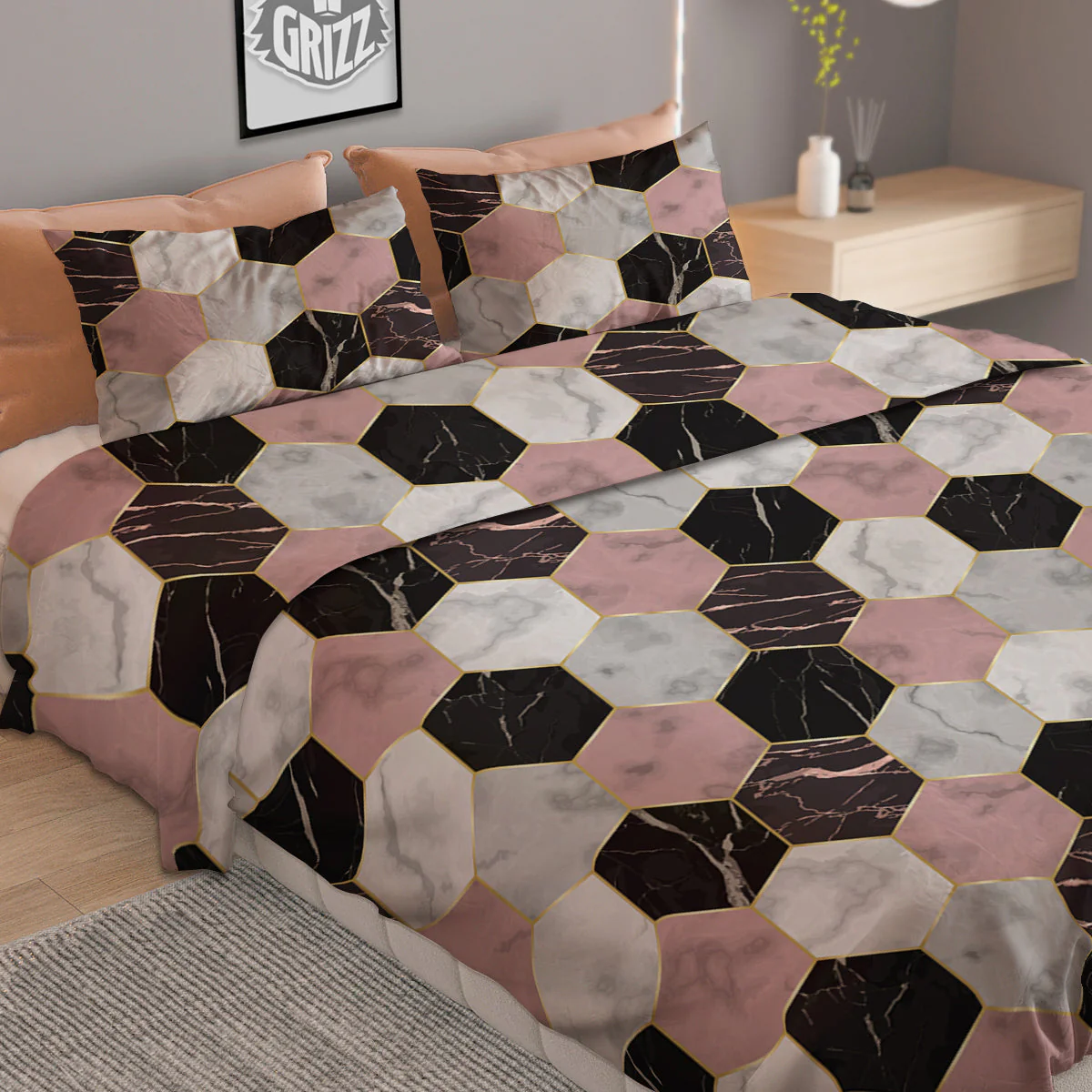 Hexagon Marble White Pink And Black Print Duvet Cover Bedding Set - Image 2