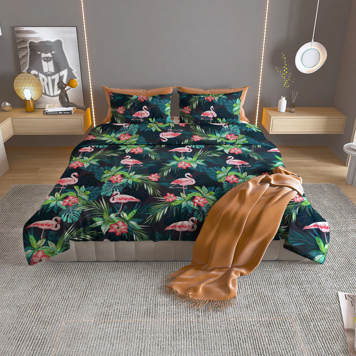 Hibiscus And Tropical Flamingo Print Pattern Duvet Cover Bedding Set