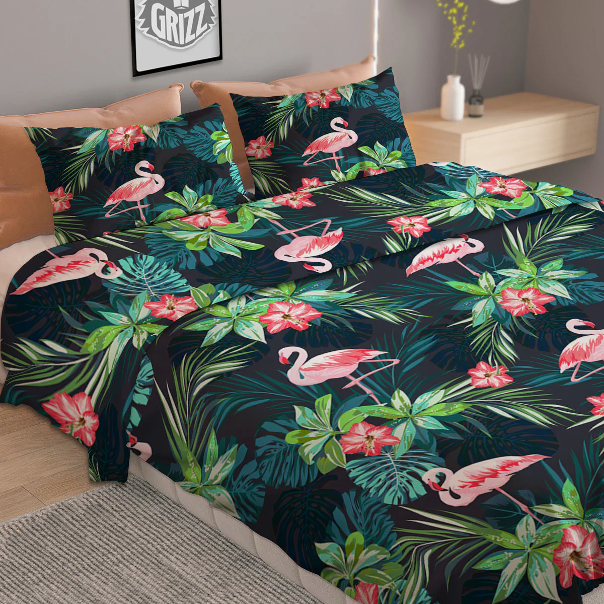 Hibiscus And Tropical Flamingo Print Pattern Duvet Cover Bedding Set - Image 2
