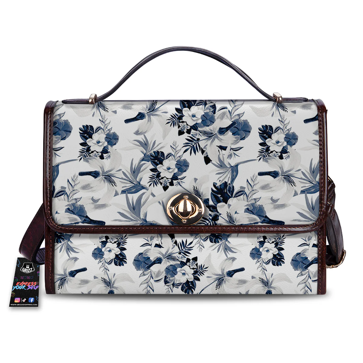 Hibiscus Floral White And Blue Print Pattern Women's Satchel Bag