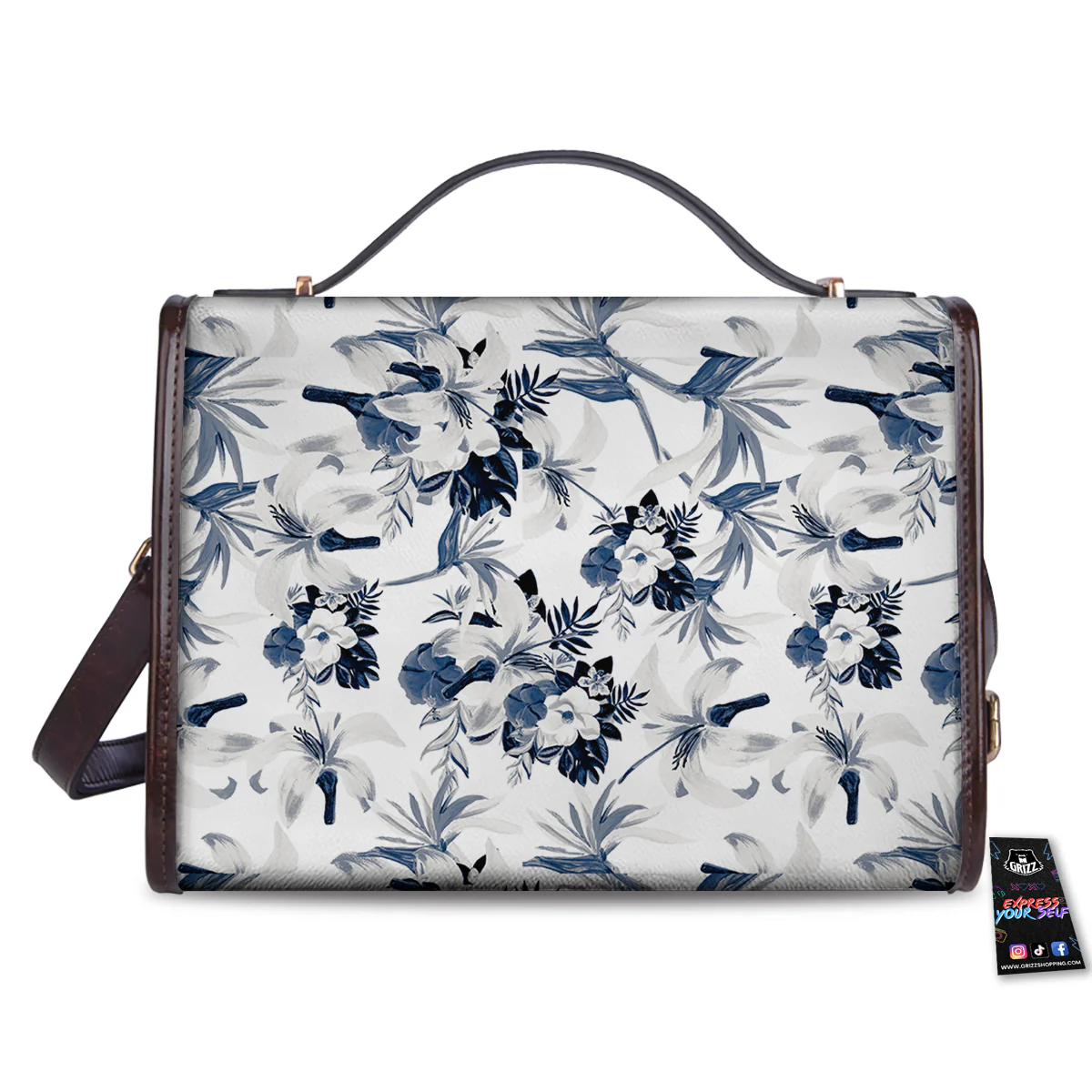 Hibiscus Floral White And Blue Print Pattern Women's Satchel Bag - Image 2