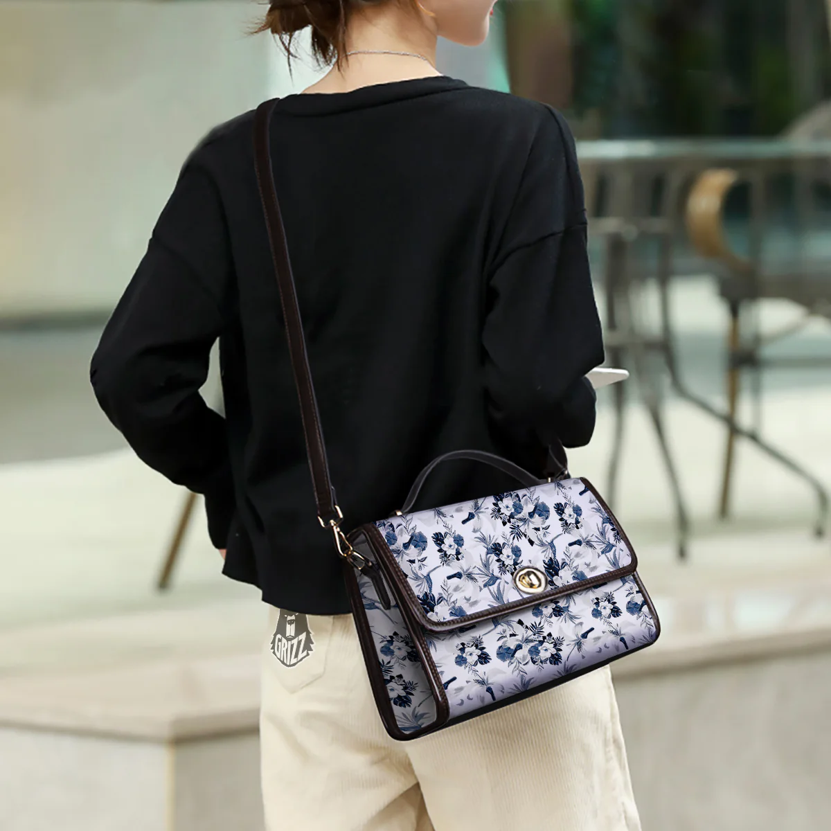 Hibiscus Floral White And Blue Print Pattern Women's Satchel Bag - Image 3