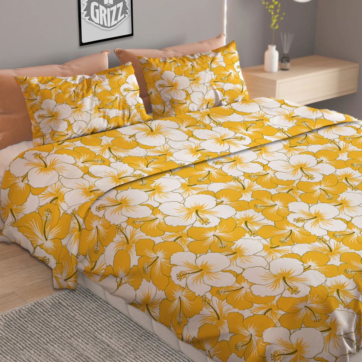 Hibiscus Flower And Camo Yellow Print Pattern Duvet Cover Bedding Set - Image 2