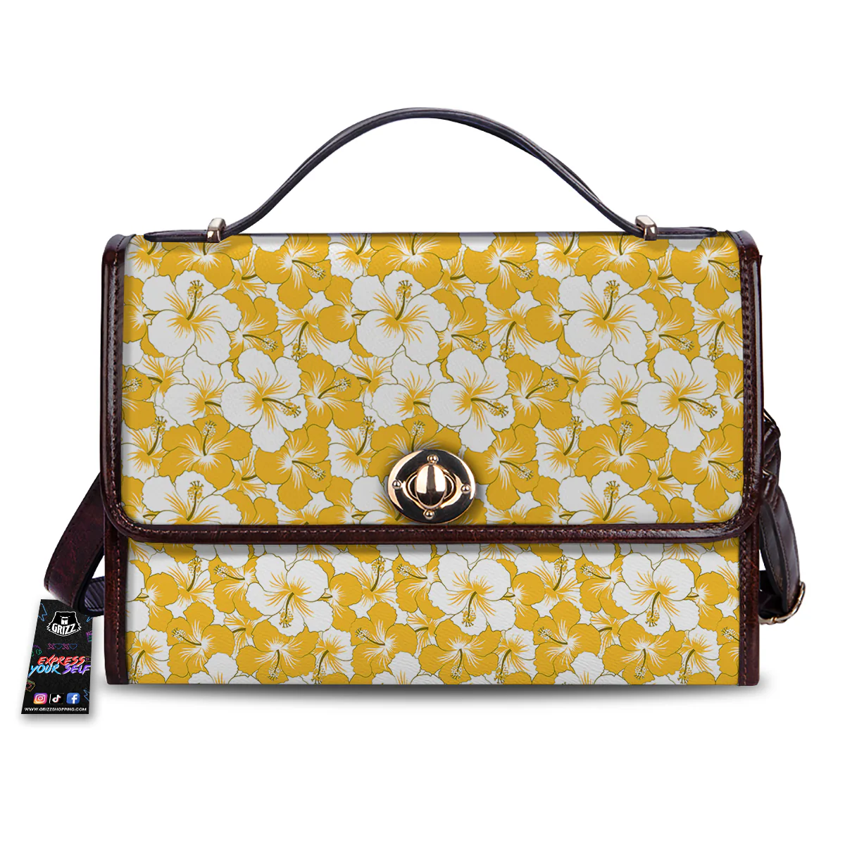 Hibiscus Flower And Camo Yellow Print Pattern Women's Satchel Bag