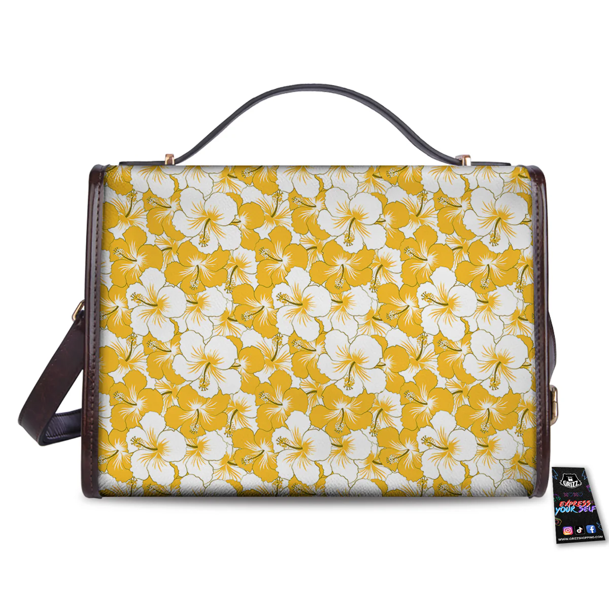 Hibiscus Flower And Camo Yellow Print Pattern Women's Satchel Bag - Image 2
