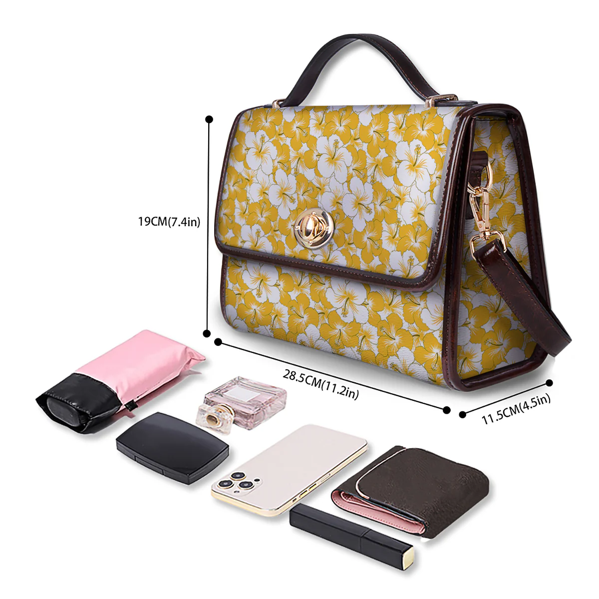 Hibiscus Flower And Camo Yellow Print Pattern Women's Satchel Bag - Image 4