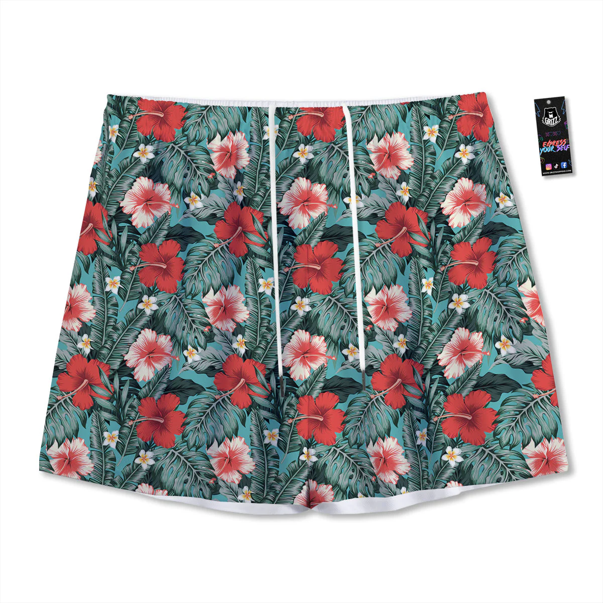 Hibiscus Flowers Tropical Print Pattern Mesh Shorts