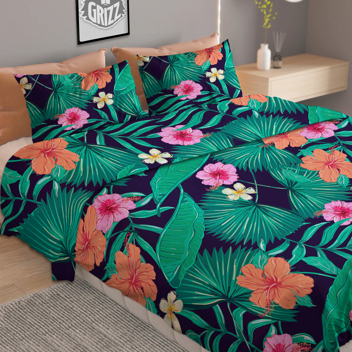 Hibiscus Leaves Tropical Print Pattern Duvet Cover Bedding Set - Image 2