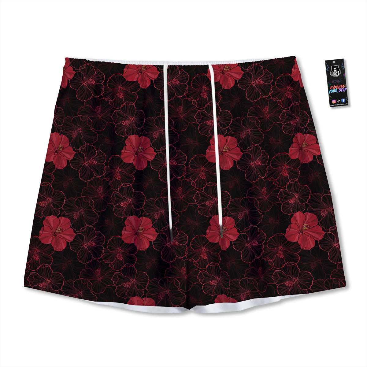 Hibiscus Red And Black Print Pattern Mesh Shorts