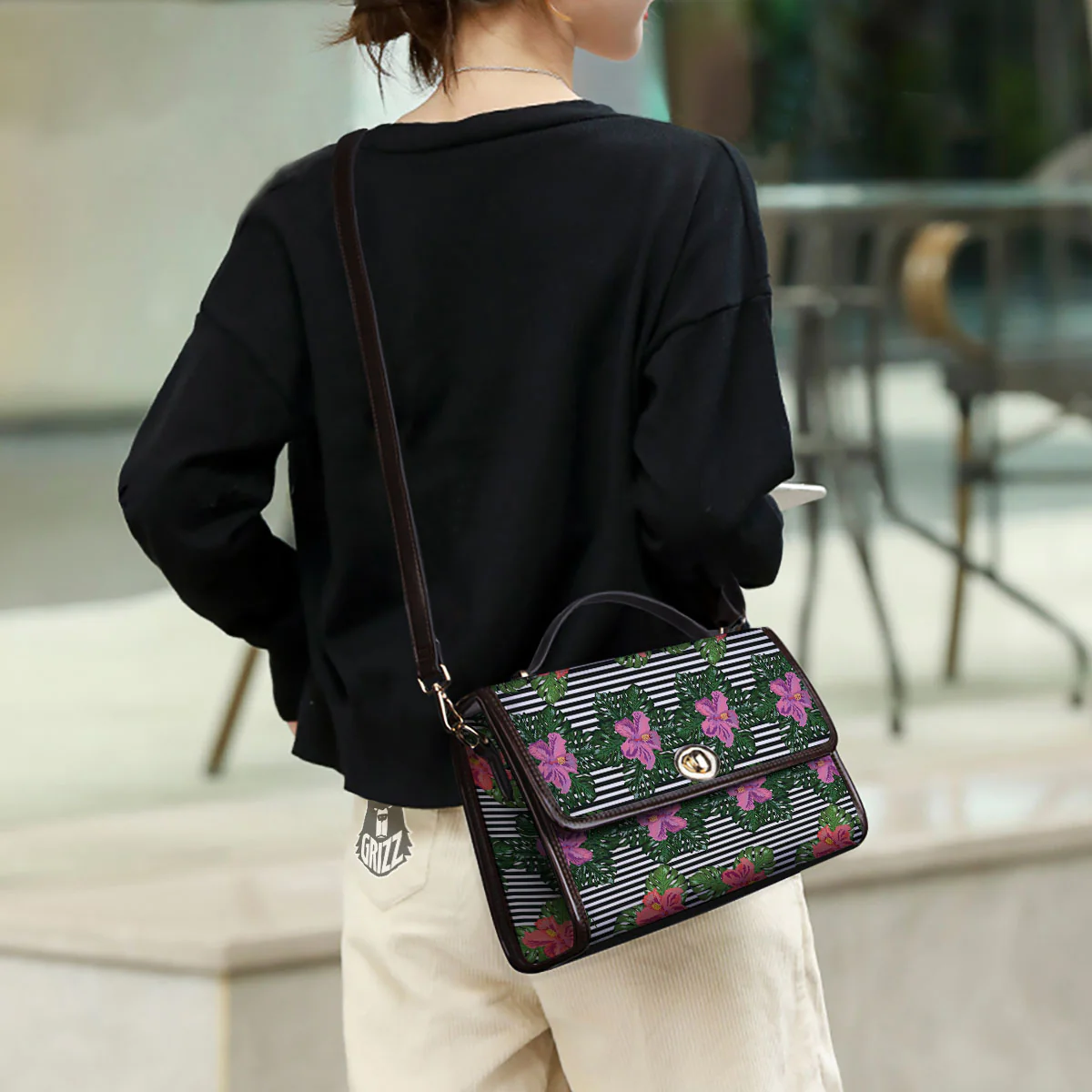 Hibiscus Striped Pink Print Pattern Women's Satchel Bag - Image 3