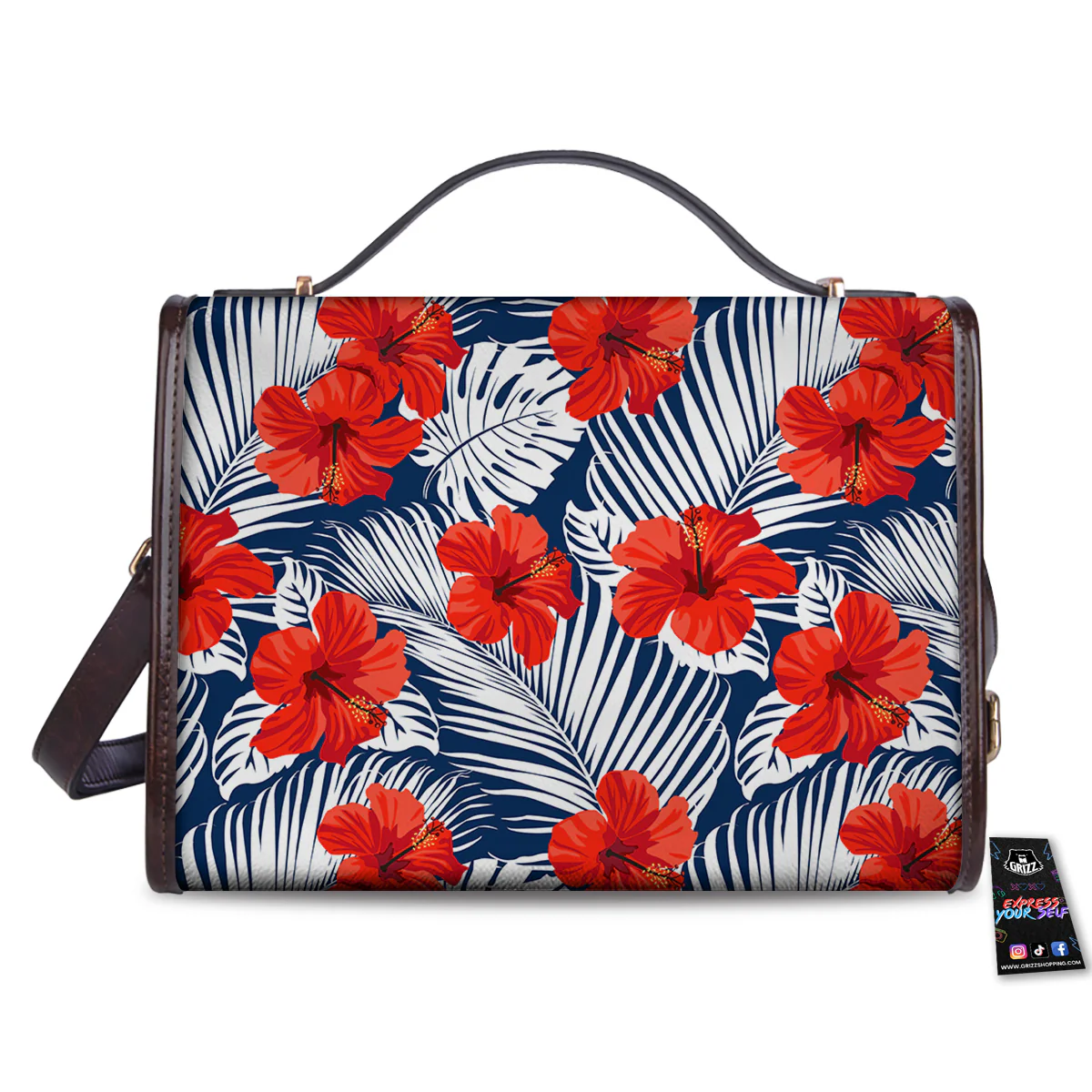 Hibiscus White Leaves Print Pattern Women's Satchel Bag - Image 2