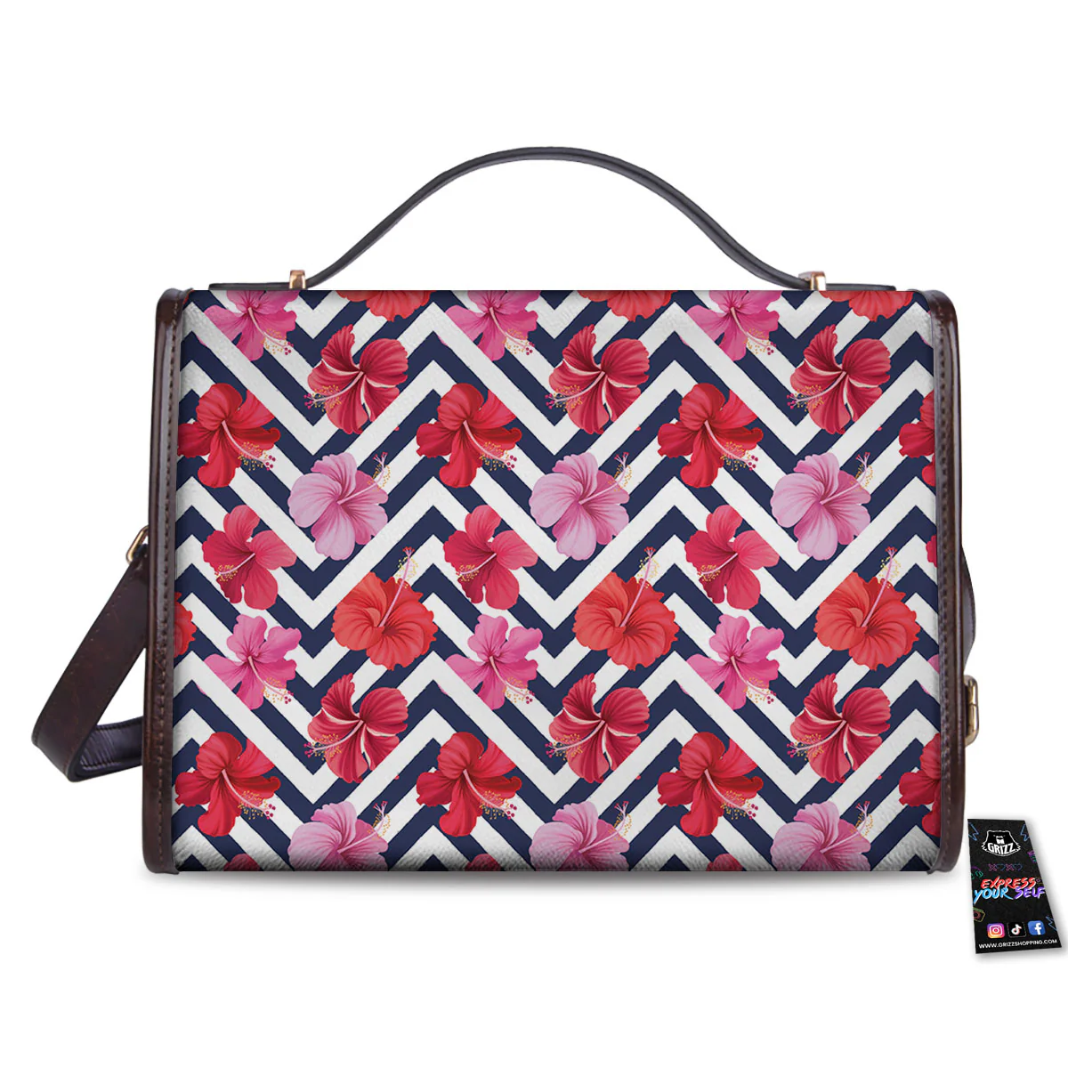 Hibiscus Zigzag Pink Print Pattern Women's Satchel Bag - Image 2