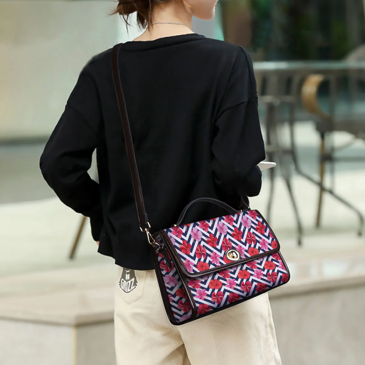 Hibiscus Zigzag Pink Print Pattern Women's Satchel Bag - Image 3
