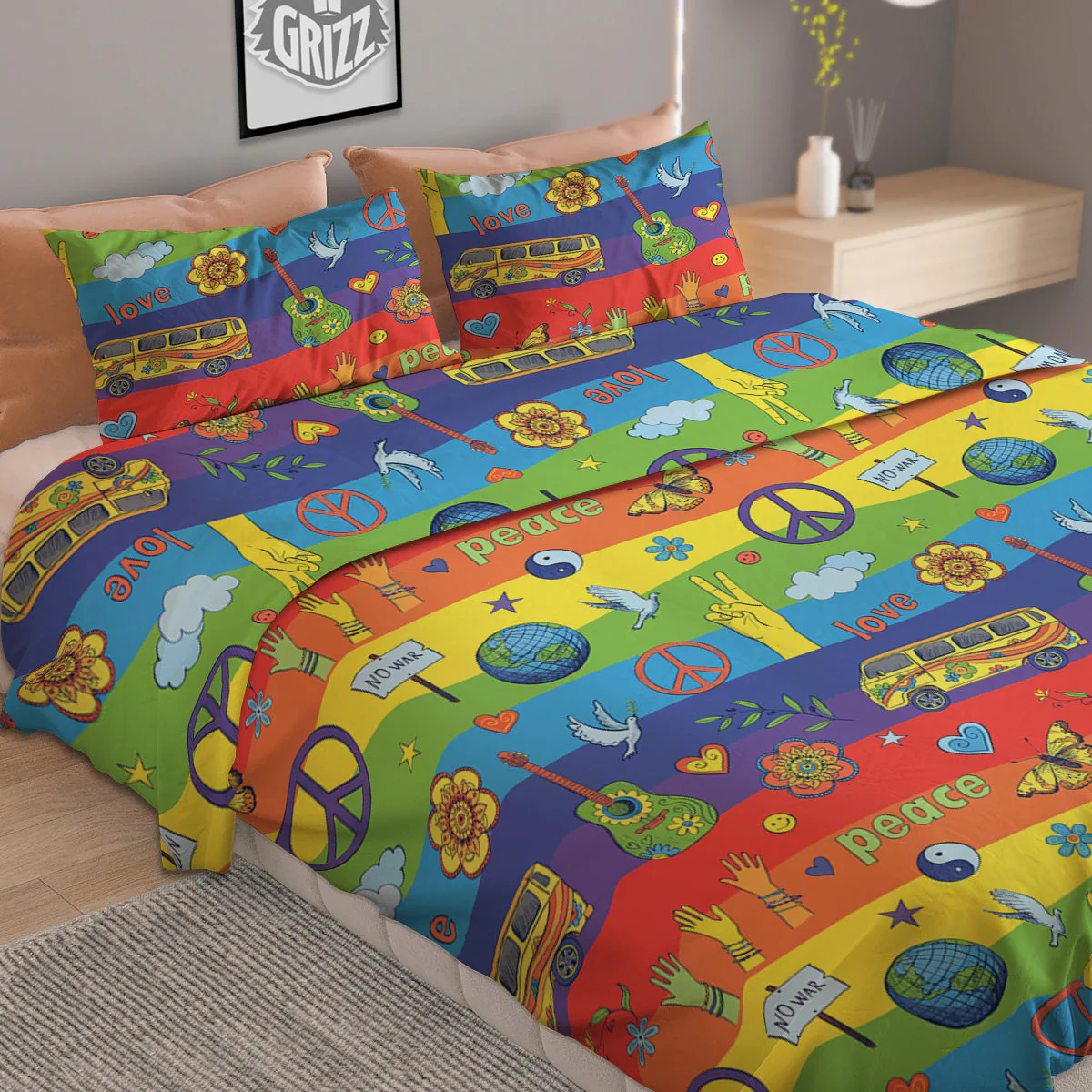 Hippie Drawing Psychedelic Wave Print Pattern Duvet Cover Bedding Set - Image 2
