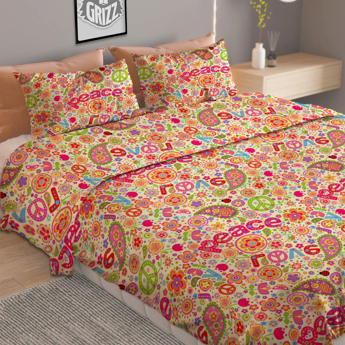 Hippie Peace Groovy Print Pattern Duvet Cover Bedding Set - Image 2