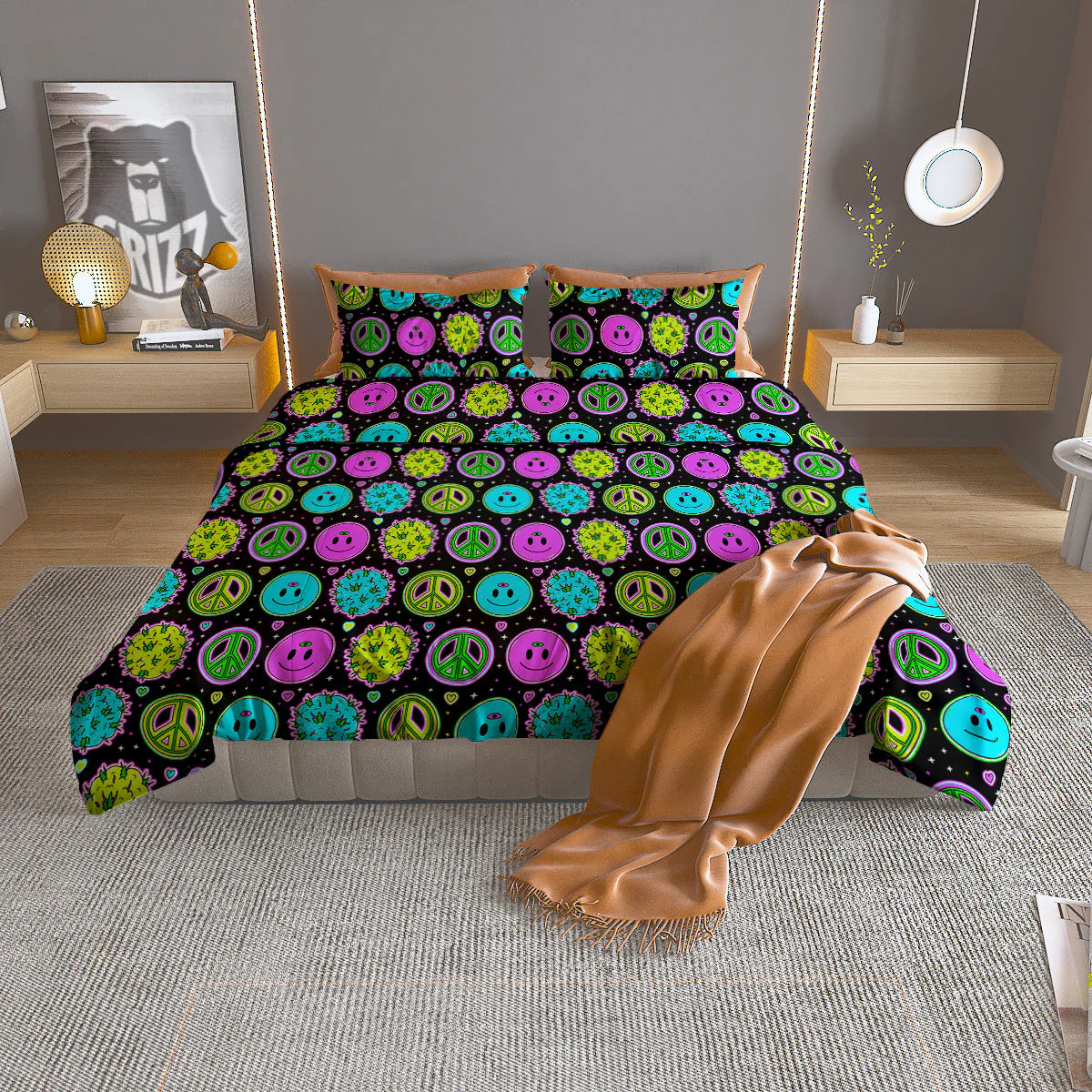 Hippie Peace Symbol And Weed Print Pattern Duvet Cover Bedding Set