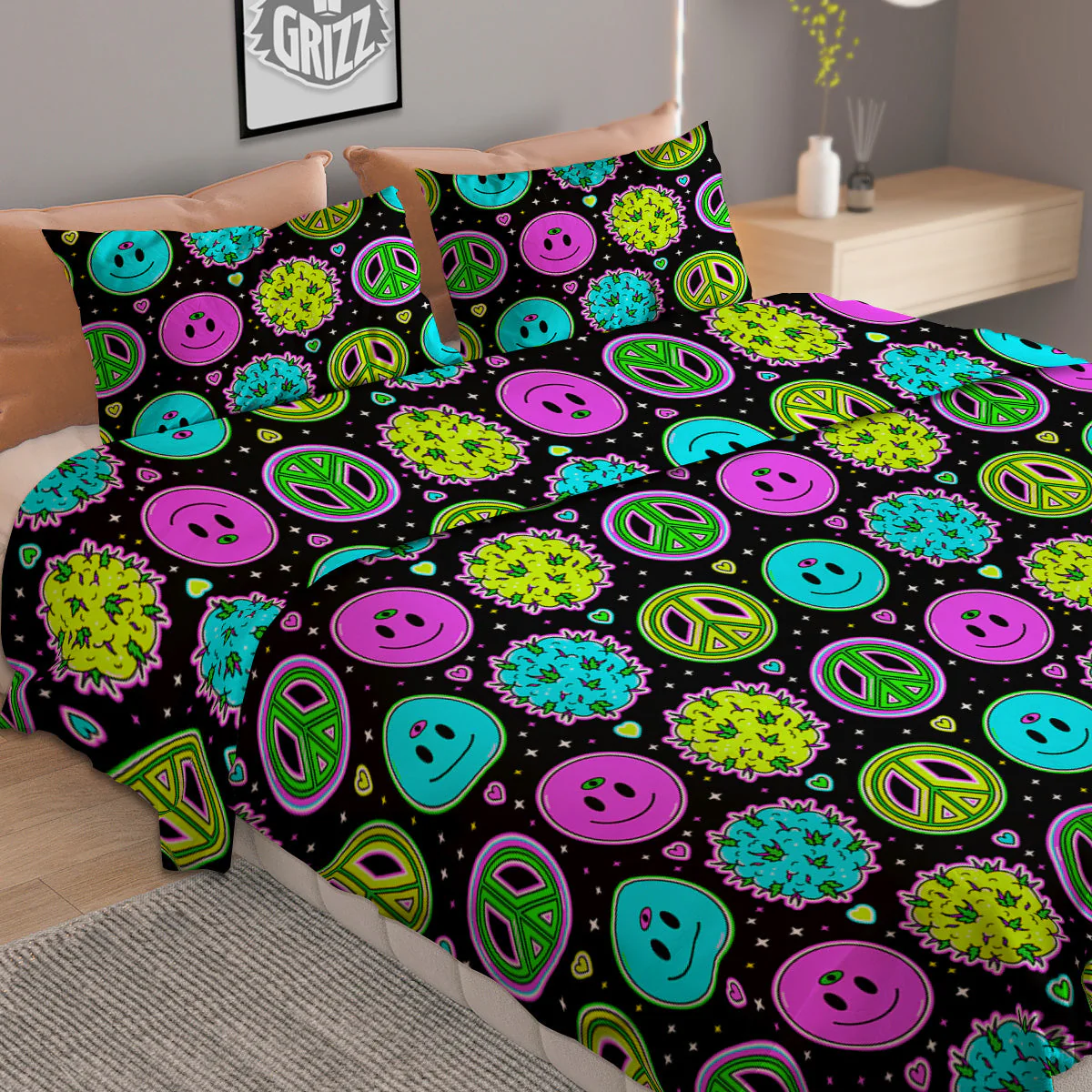 Hippie Peace Symbol And Weed Print Pattern Duvet Cover Bedding Set - Image 2