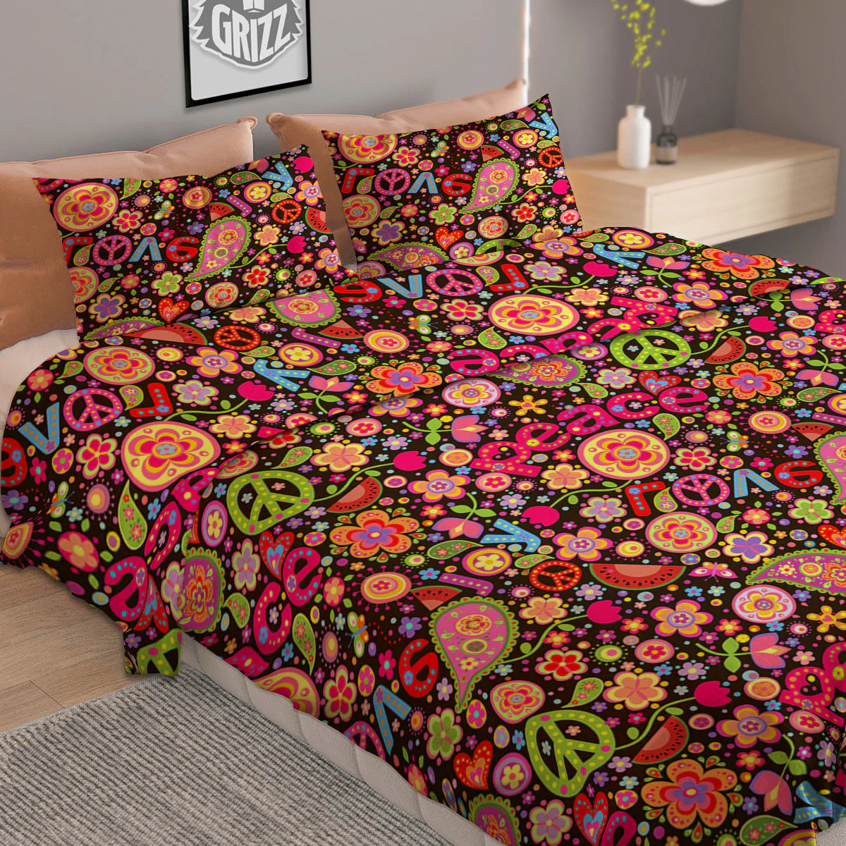 Hippie Sign Peace Flower Print Pattern Duvet Cover Bedding Set - Image 2